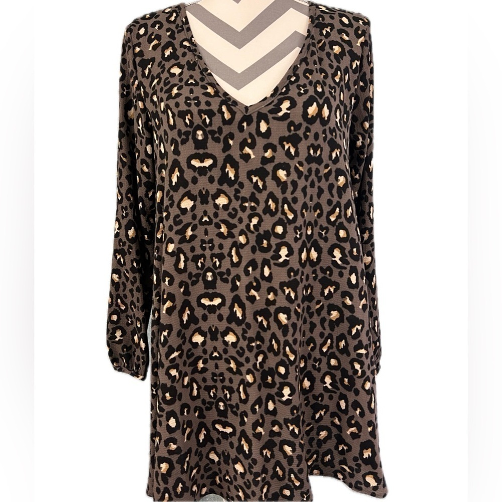 Leopard Print Tunic Blouse Size S Oversized V-Neck Long Sleeve Boho Casual - Picture 3 of 10